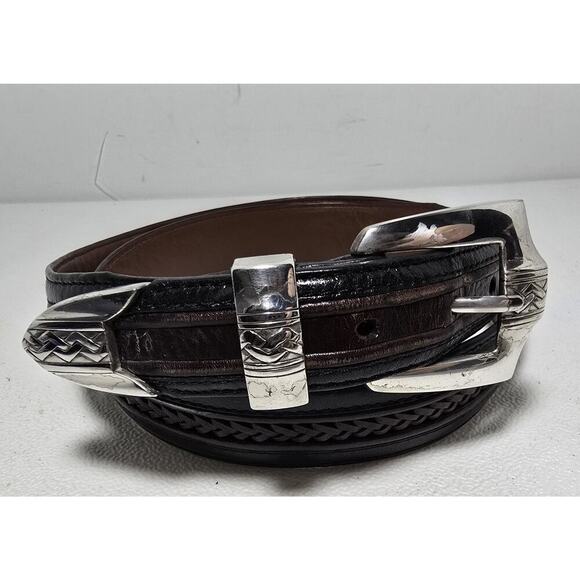 Onyx By Brighton Leather Belt 36 Black/Brown Braided Pinion Hills Inlay 12200 - Picture 1 of 8
